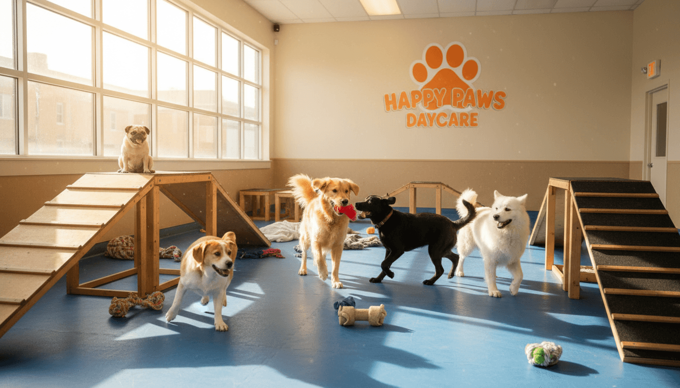 Happy dogs playing together in a bright, safe indoor daycare room