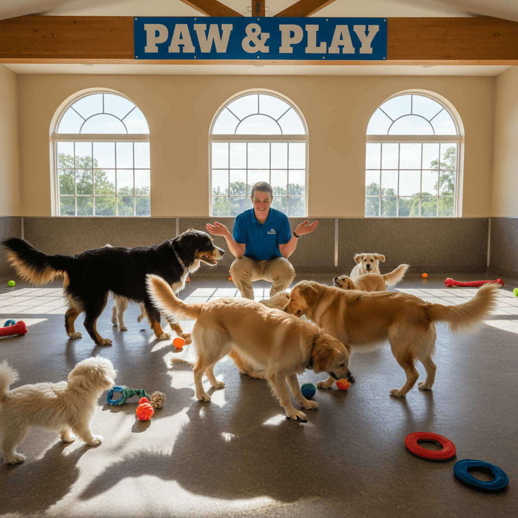 Group of dogs playing in a bright indoor daycare room