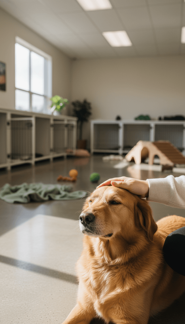 A caregiver gently petting a calm dog at a clean daycare facility