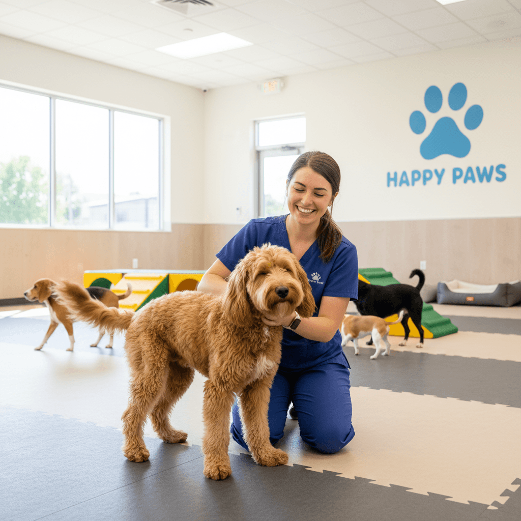 Caregiver giving a dog a gentle scratch