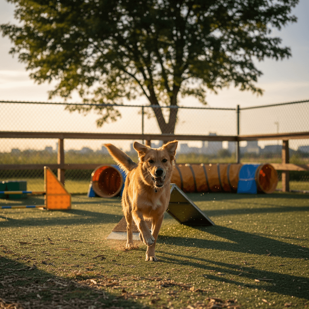 Energetic dog running in an outdoor play yard