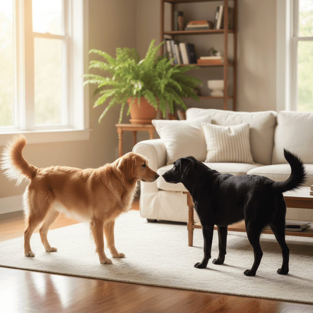 Two dogs greeting each other calmly
