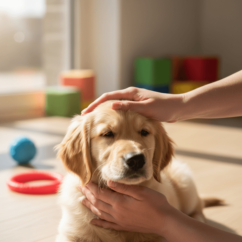 Close-up of a puppy and a senior dog meeting nose to nose in a calm daycare corner
