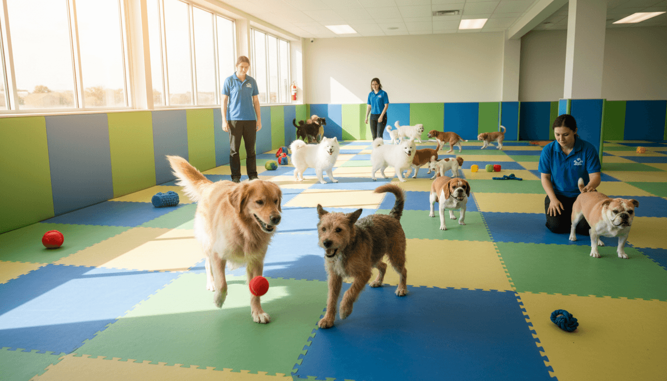 Happy dogs playing together at Hassan Dog Daycare in Toronto