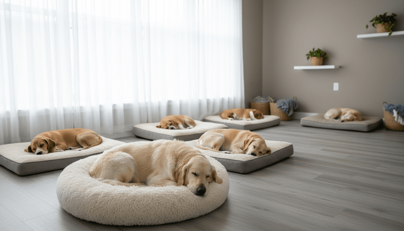 Calm dog resting on a cot in a clean, quiet rest area at a daycare