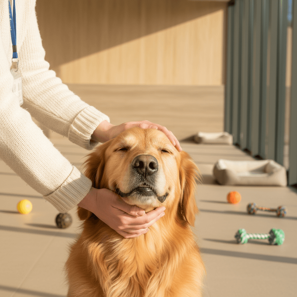 Dog daycare worker kneeling beside a happy golden retriever in a bright playroom