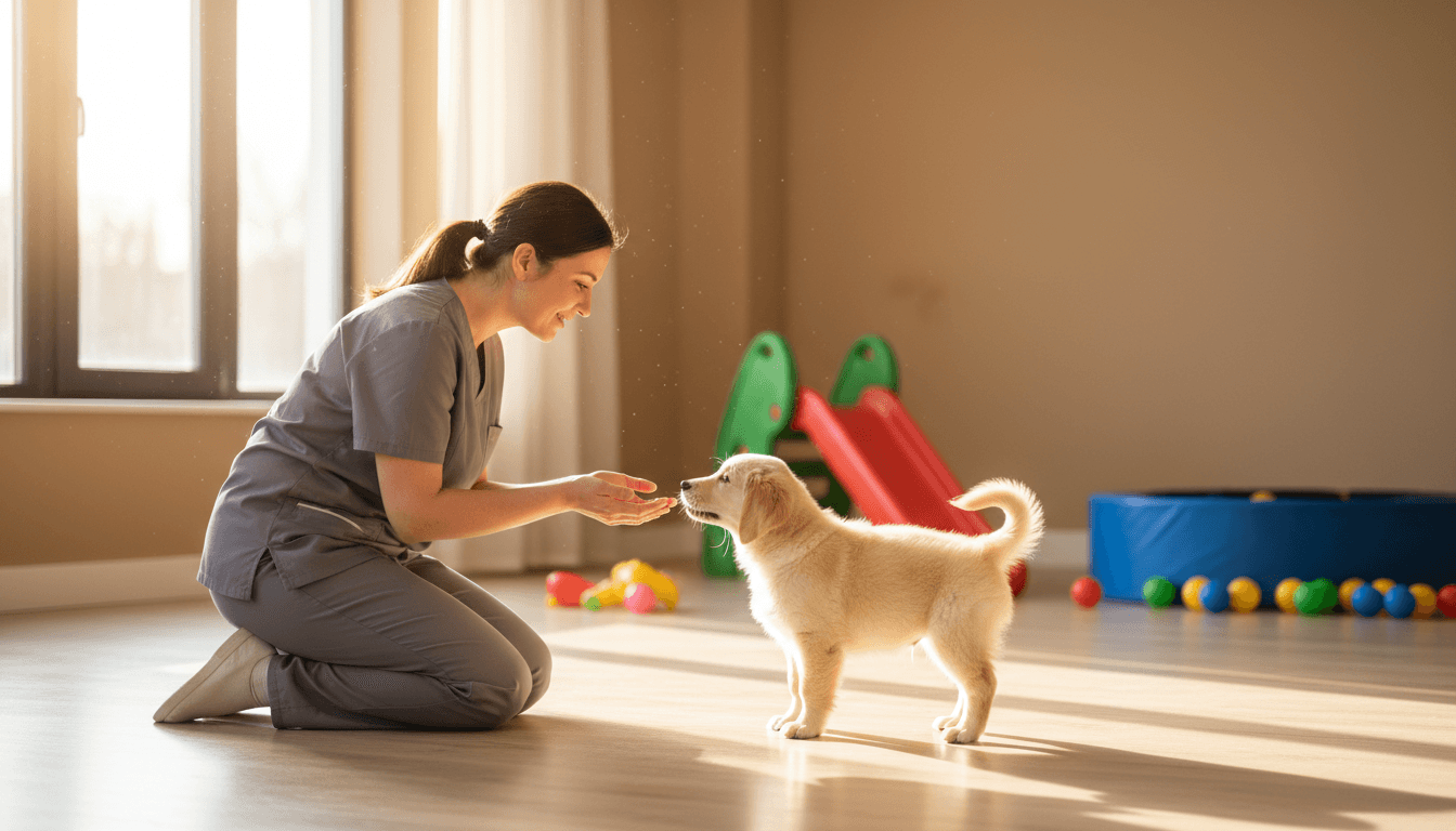 A caregiver greeting a smiling dog in a bright, cozy daycare play area