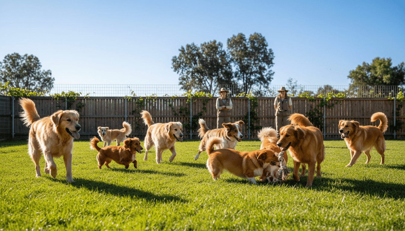 Dogs running and playing in a fenced outdoor exercise yard at a Toronto daycare