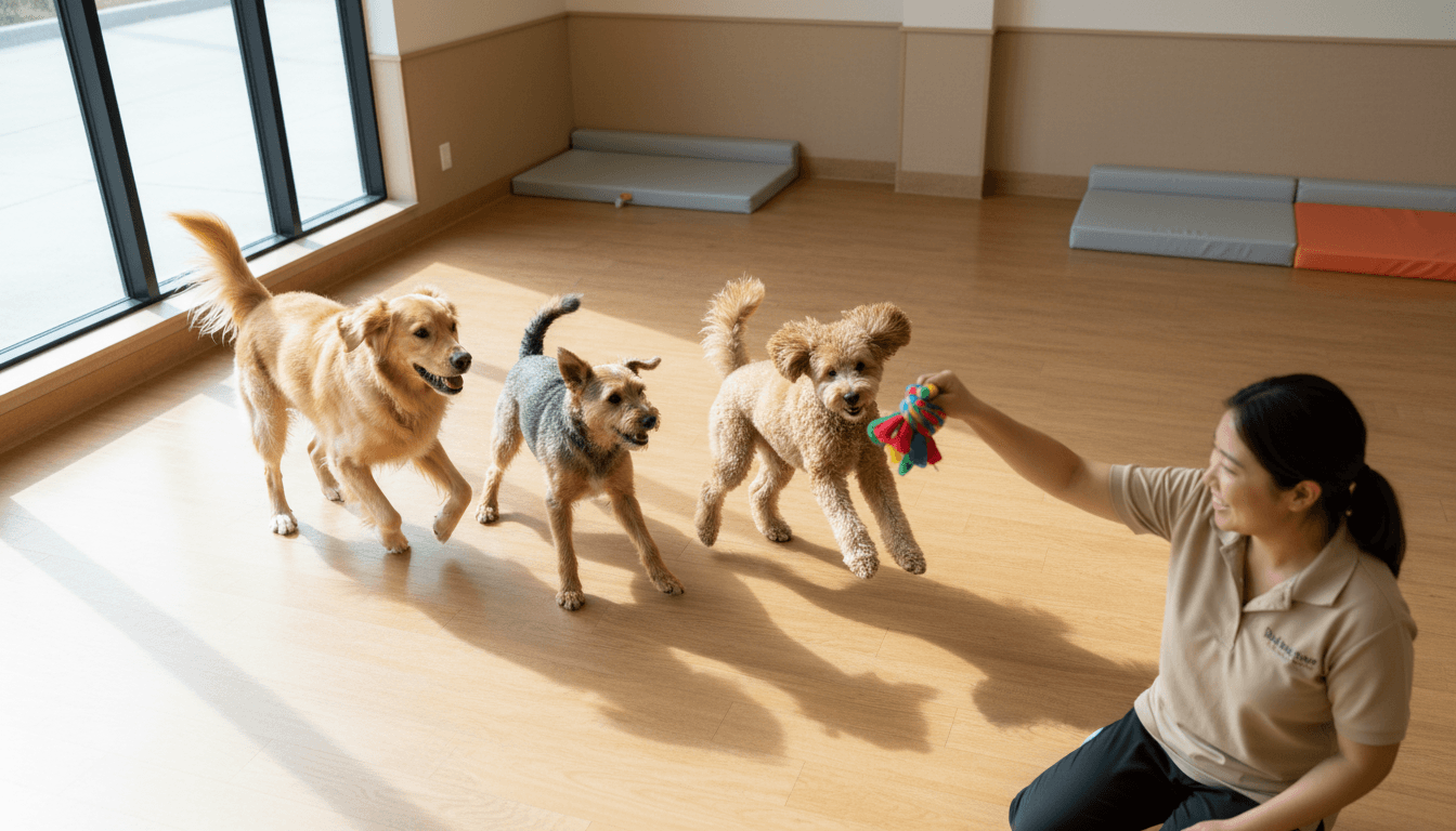 Dogs playing together in a bright indoor daycare playroom