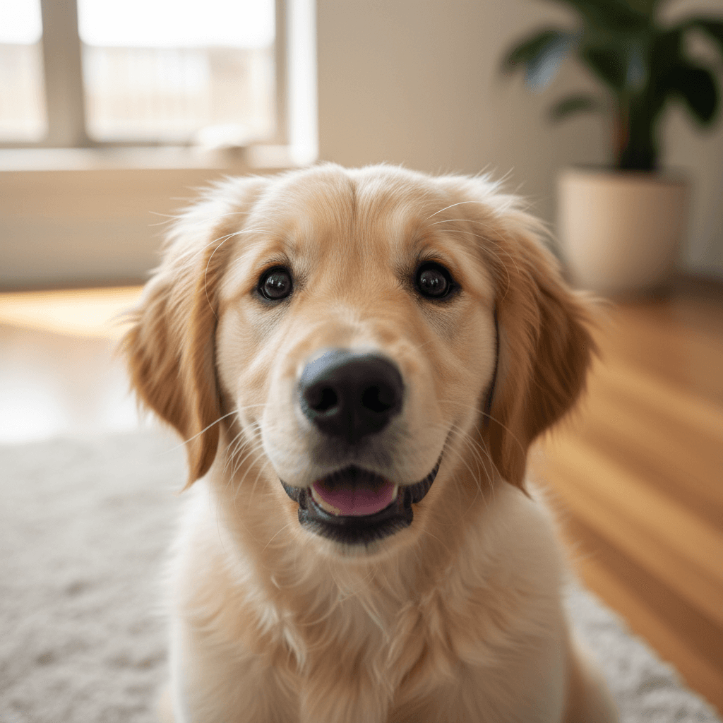 Happy golden retriever resting on a dog bed