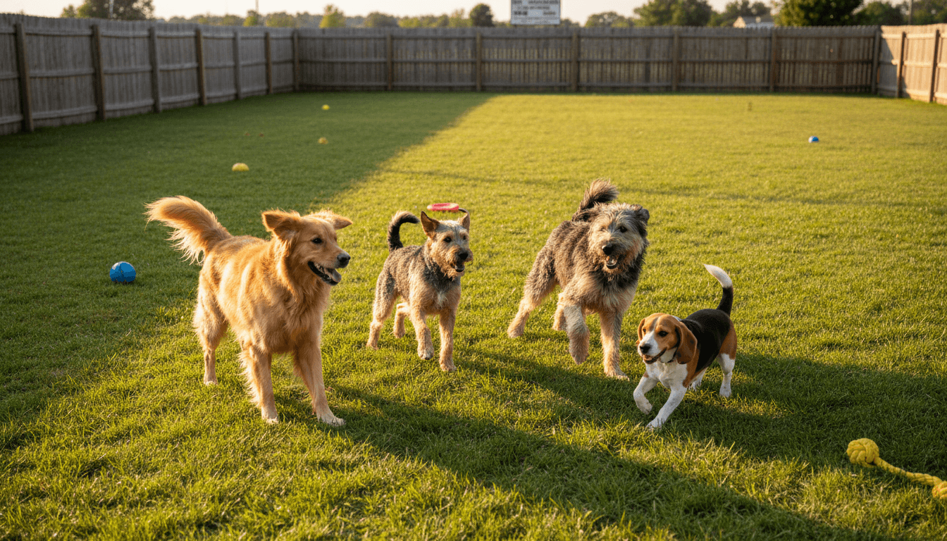 Dogs exploring a shaded outdoor play area