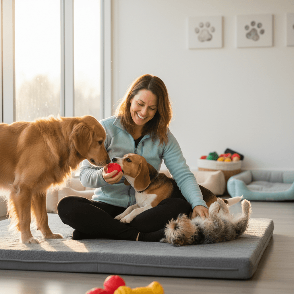 Dogs playing together in a bright indoor playroom