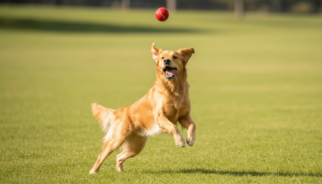 Golden retriever playing with a ball in a sunlit dog daycare playroom