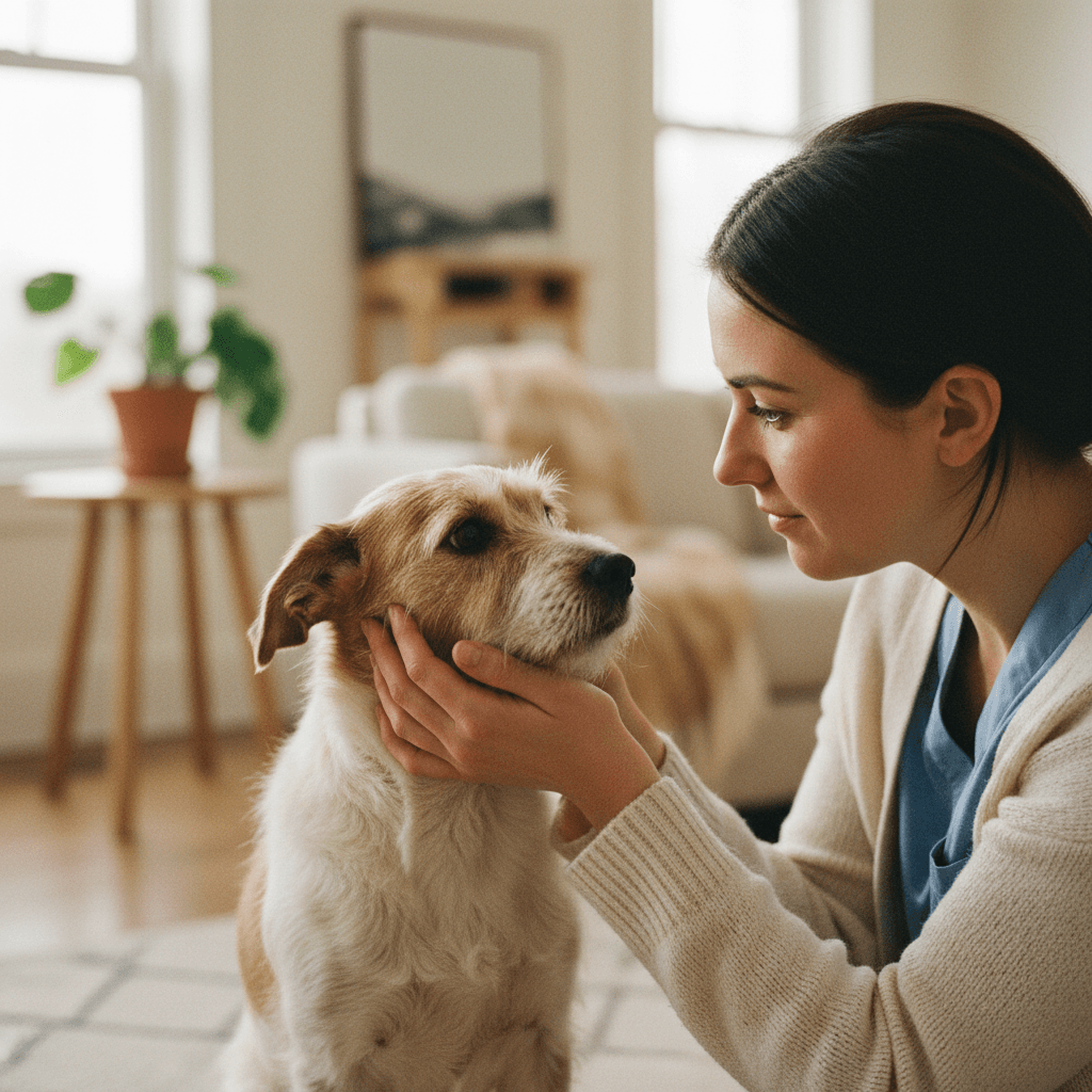 Caregiver giving gentle attention to a shy dog
